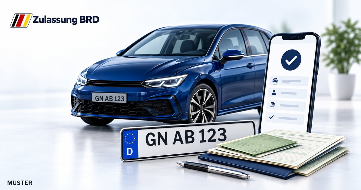 Online Fahrzeugzulassung in Bad Orb: Musterkennzeichen GN AB 123, Auto und Fahrzeugpapiere und Smartphone. Illustration mit Logo von Zulassung BRD.